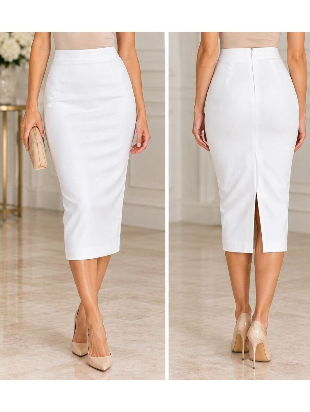 Off White High Waist Pencil Skirt Midi Bodycon Elegant Career Dress Skirt sz S